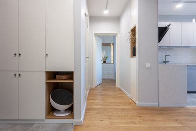 Источник вдохновения для домашнего уюта: узкая прихожая в скандинавском стиле с белыми стенами и белой входной дверью