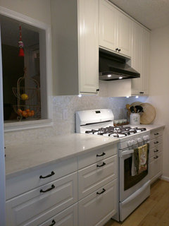 All white 9x11 kitchen, need ideas for granite counter tops and lights