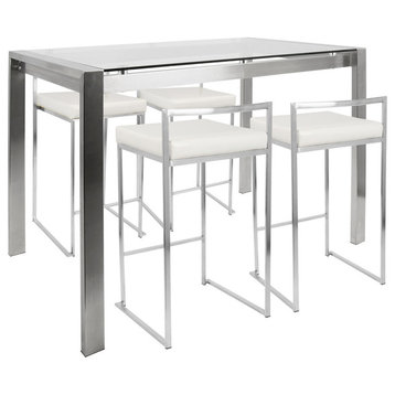 LumiSource Fuji 5-Piece Counter Height Dining Set, Stainless Steel and White