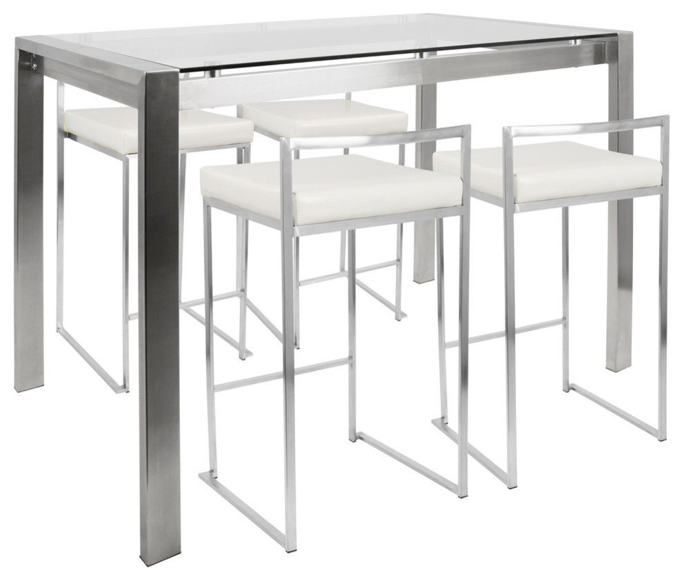 LumiSource Fuji 5-Piece Counter Height Dining Set, Stainless Steel and White
