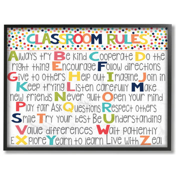 Stupell Industries Classroom Rules Colorful Alphabet, 24"x30", Black Framed
