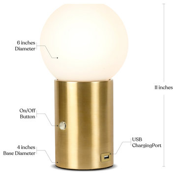 Brightech Kai LED Table Lamp with USB Port, Glass Globe Shade, Stunning Brass