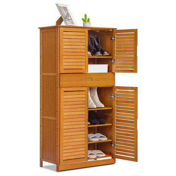 Freestanding Shoe Cabinet, Tall Design With Louvered Doors and Drawer, Natural