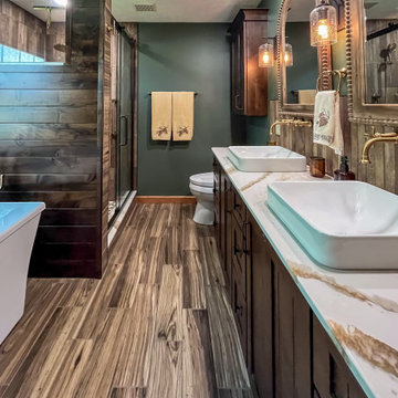 Custom Rustic Bathroom with Knotty Alder Vanity and Cambria Quartz