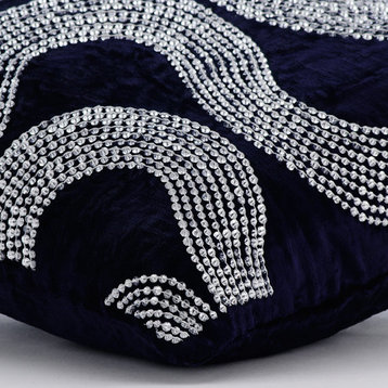 Blue Art Silk Sequins & Beaded Bird Pillows Cover, Birdy Flight, 8. Navy Blue (Crystal Gush), 16"x16"