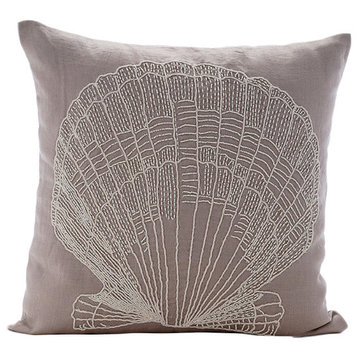 Sea Shells Toss Pillow Covers Mocha Beige 20"x20" Cotton Linen, Scallop Shell