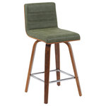 Armen Living - Vienna Counter Height Swivel Bar Stool With Vintage Green and Walnut - Elevate your kitchen, bar, or dining area with the Vienna Swivel Stool Collection ' a modern essential that combines mid-century charm with functional comfort. Designed for daily use and entertaining alike, Vienna's 360-degree swivel and armless frame provide effortless movement and easy conversation flow. The gently curved backrest supports posture alignment while keeping the profile sleek and space-saving. The Vienna stool is built on a strong wood frame with four splayed legs and a square steel footrest for added durability and a clean, modern edge. The seat and backrest are generously padded with high-density foam and finished in your choice of smooth vegan leather or performance fabric for elevated comfort and easy maintenance. Originally offered in a walnut finish with cream, brown, or gray vegan leather, and a black brushed finish with gray vegan leather, the collection now features even more design-forward combinations. Explore updated variants including snow white vegan leather with walnut, black brushed, or patterned oak finishes; vintage-inspired blue, green, and black tones paired with walnut finish frames; and bold red or soft gray performance fabrics on brushed or patterned wood finishes. Available in both counter height and bar height, Vienna offers a versatile range of styles to suit your space. With its timeless look and enduring quality, this collection brings warmth, elegance, and comfort to any interior.