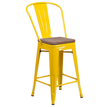 24" High Metal Counter Height Stool With Back and Wood Seat, Yellow