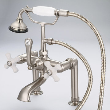 Vintage 7" Spread Deck Mount Tub Faucet w/6" Risers & Handshower, Cross handles