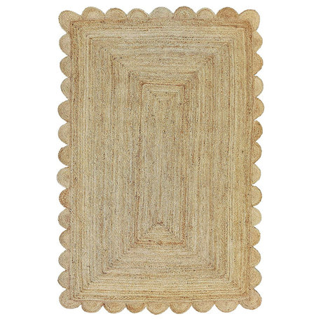 Scalloped Natural Jute Rug in Rectangular Coastal Style with Braided Texture, 6' X 9'
