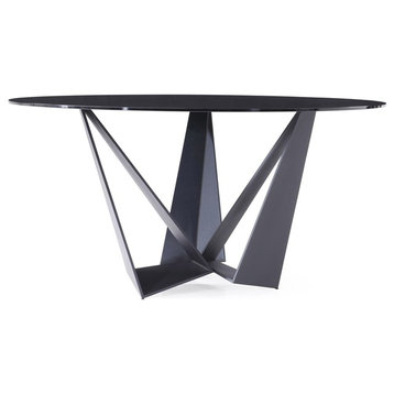 Modern Serra 59" Round Dining Table Smoked Glass Matte Black Steel Base