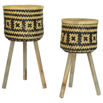 Set of Two Woven Blk & Nat Bamboo Plant Stands W Wood Legs