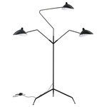 Akari - Serge Mouille Three-Arm Floor Lamp, Black - A stunning French icon, the 3 Arm Floor Lamp is the most versatile piece of Mouille's acclaimed lighting series. Dramatic shapes and angles create a theatrical feel within the room, making this lamp as much a work of art as it is a source of illumination. Consisting of iron arms, stem and tripod base, the main feature of this piece is the aluminium chapeau styled shades. All three arms and shades are spectacularly positioned to target as much space as possible, adding a touch of practicality to a legendary design. The entire piece is coated in a black matte lacquer, with only the interior of the shades finished in white to maximize the bulbs reflective qualities. Designed with the intention of supplying as much light as possible, this standing lamp would be a head turning centerpiece in any room. This is a replica of the original.