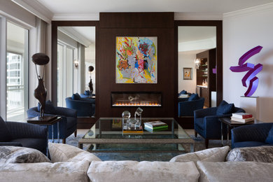 Inspiration for a mid-sized contemporary formal and open concept marble floor living room remodel with white walls, a standard fireplace and a wood fireplace surround