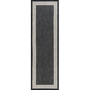 Elgin Transitional Striped Border Black/Cream Indoor/Outdoor Runner Rug, 2'x7'