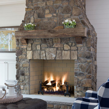 Reclaimed Wood Mantel & Corbels on Stone Fireplace in Transitional Living Room
