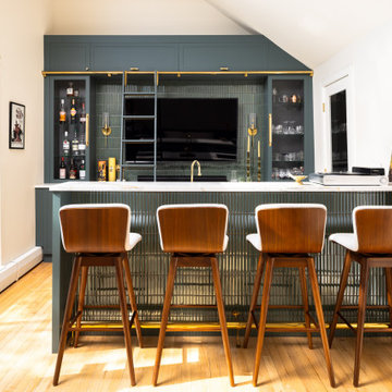 Custom Fourth-Floor Home Bar with Rolling Library Ladder
