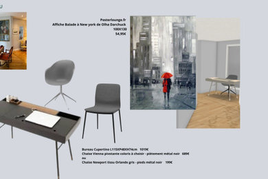 Diseño de despacho ecléctico de tamaño medio con paredes blancas, suelo de madera clara, escritorio independiente y suelo beige