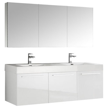 Vista 60"White Wall Hung Dbl Sink Bathroom Vanity & Medicine Cabinet