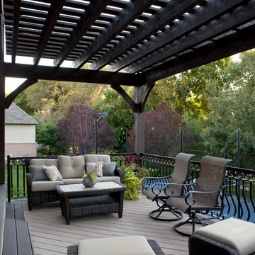 Timber Frame Tiered Pergolas, Deck, Ornamental Metal Railings
