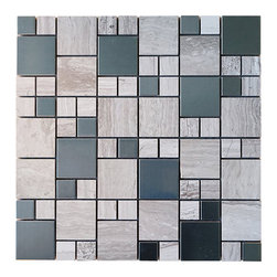 Beige Marble and Grey Stainless Steel Metallic Square Glass Mosaic Tiles - Home Accessories & Decor