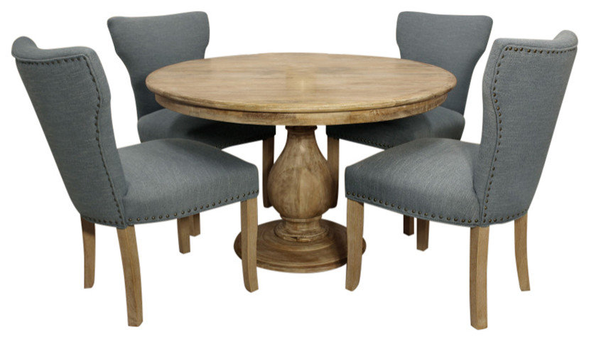 Jenna 48" Dining Set in Solid Wood With 4 Jill Chairs in Denim Linen ...