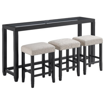 Cordero 72" Glass Top Black Console Bar Table and 3 Stools Set