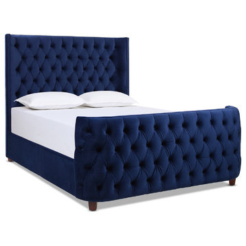 Brooklyn Tufted Wingback Shelter Headboard and Footboard Panel Bed, Navy Blue Velvet, Queen