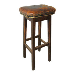 English Arts and Crafts Style Oak and Leather Custom Crafted Bar Stools - Bar Stools And Counter Stools