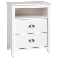Contemporary Tall Nightstand, Solid Pine Wood, 2-Drawer, White Finish