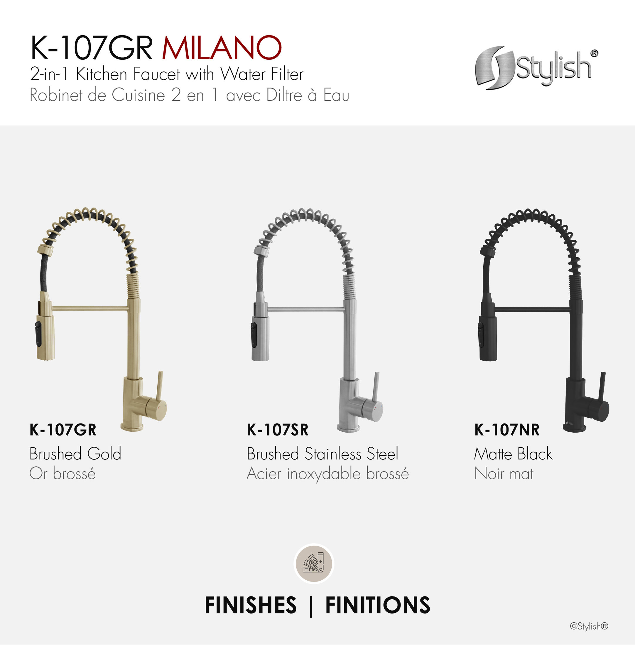 STYLISH Milano Pull-Down Kitchen Faucet with water filter, Stainless Steel., Brushed Gold