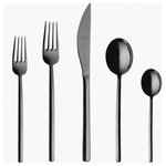 Mepra - Due Flatware Set, Black Gold, 5 Pcs. - The Due collection by Mepra is flatware that exudes luxury as a lifestyle. Its cool, minimal, style is inspired by influential designers like Angelo Mangiarotti and exalted through generations of tradition, technique and superb materials. They're quite practical, too. The metal undergoes a titanium-based molecular embedding process that makes for dishwasher-safe utensils that won't corrode, oxidize or stain.