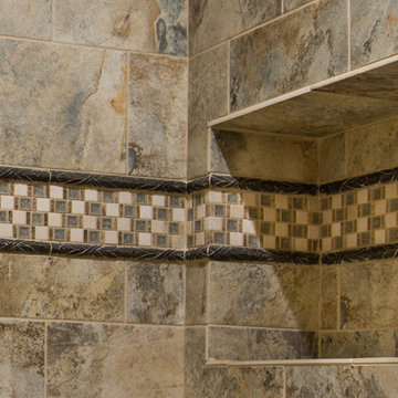 Custom Inlay Glass Mosiac with Travertine Pencils