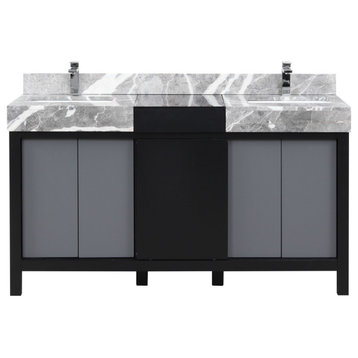 Zilara 60 Black, Grey DB Vanity, Grey Marble Tops, Sinks, Chrome Faucet Set