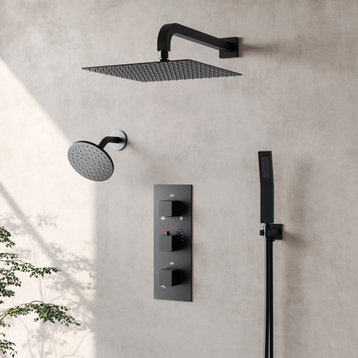 Dual Heads 12" & 6" Rain High Pressure Shower System w/3-Way Thermostatic Faucet, Matte Black