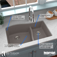 Karran Undermount Quartz 32" 60/40 Double Bowl Kitchen Sink, Concrete