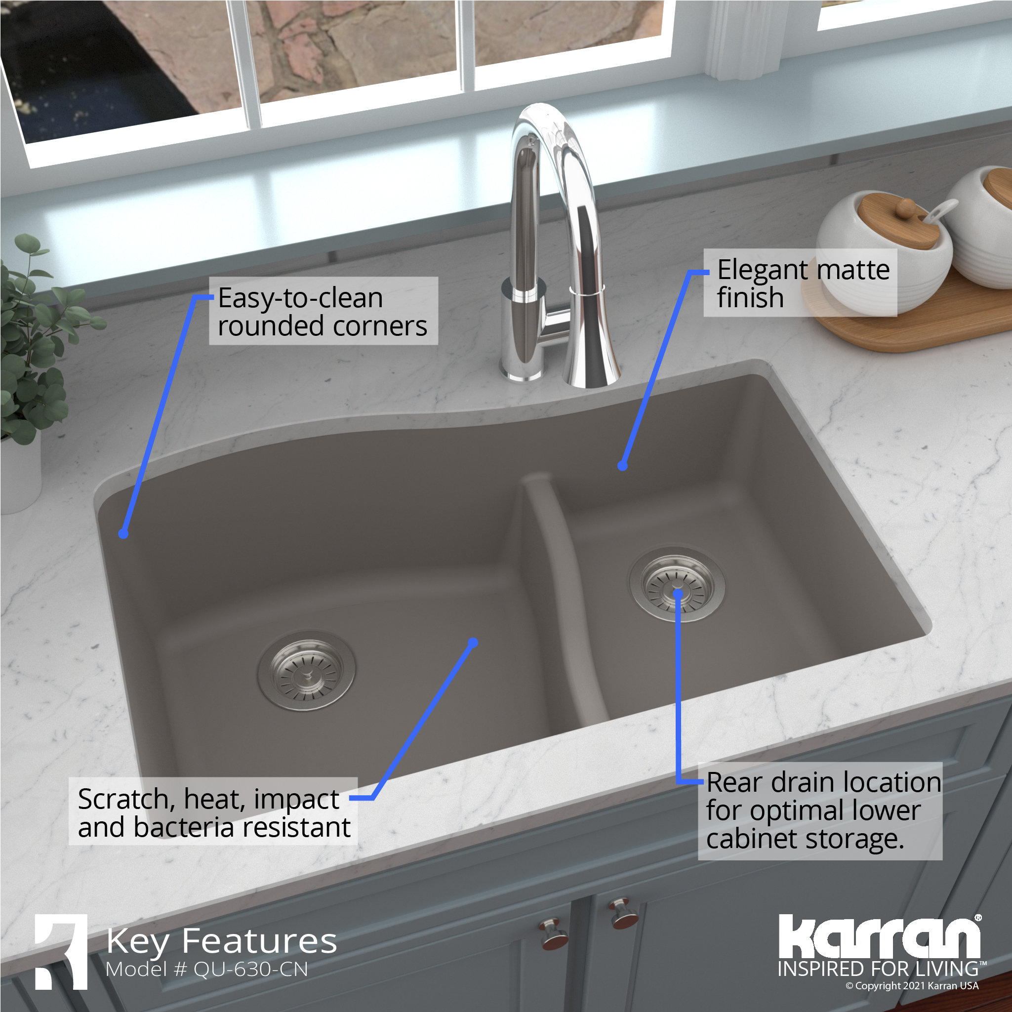 Karran Undermount Quartz 32" 60/40 Double Bowl Kitchen Sink, Concrete