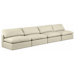 Meridian Furniture - Comfy Upholstered Modular Sofa, Cream, 4-Piece: 4 Armless Chair, Vegan Leather - Give your space a whole new look with this cream Comfy vegan leather sofa. This handsome sofa fits nicely with other items in the Comfy collection and is a versatile seating option designed for adaptability, comfort and style. Wrapped in rich cream durable vegan leathered upholstery, this sofa offers a plush embrace of overstuffed down feather cushions, carefully crafted to deliver the highest level of comfort. The perfect seat for creating an oasis for relaxation, this sofa has thick foam surrounding its frame for added support and coziness.