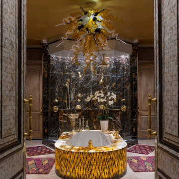 Vintage Moroccan Rugs in Master Bathroom | Larry Lott Interiors