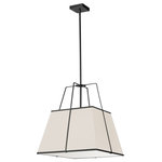 Dainolite - 18" Trapezoid Pendant, Black With Cream Tapered Drum Shade - 18" Black Trapezoid Pendant with Cream Shade. This single light LED compatible is recommended for the ceiling in a Foyer or Hall. It requires 1 incandescent bulb, is covered by a 1 Year Warranty and is suitable for either a residental or commercial space.
