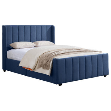 GDF Studio Riley Traditional Fully-Upholstered Queen Bed Frame, Navy Blue