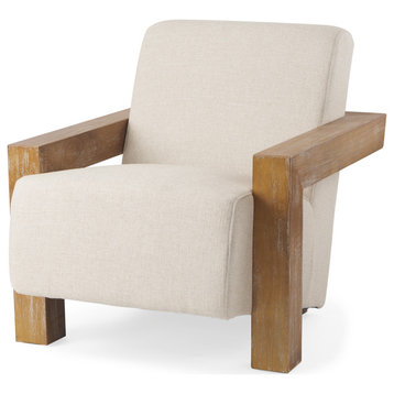 Sovereign Beige Fabric Seat with Light Brown Solid Wood Frame Accent Chair