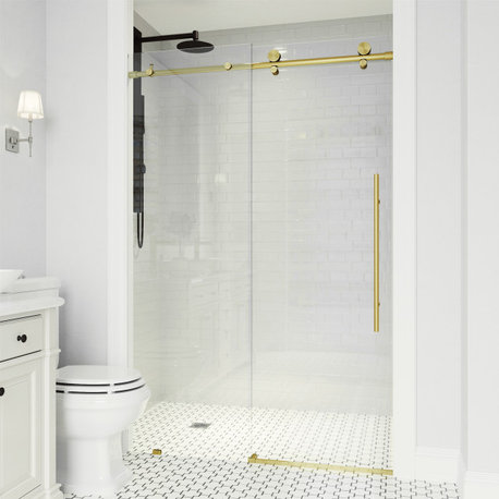 VIGO Elan E-Class 52" to 56" W x 76" H Frameless Sliding Shower Door, Matte Gold, Clear Glass