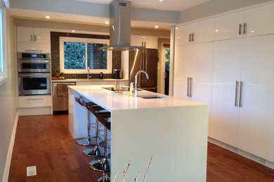 Trendy single-wall medium tone wood floor open concept kitchen photo in Toronto with a single-bowl sink, flat-panel cabinets, white cabinets, quartz countertops, brown backsplash, mosaic tile backsplash, stainless steel appliances and an island