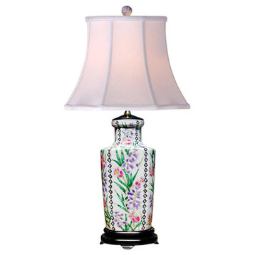 Multicolor Square Floral Porcelain Vase Table Lamp, 26.5"