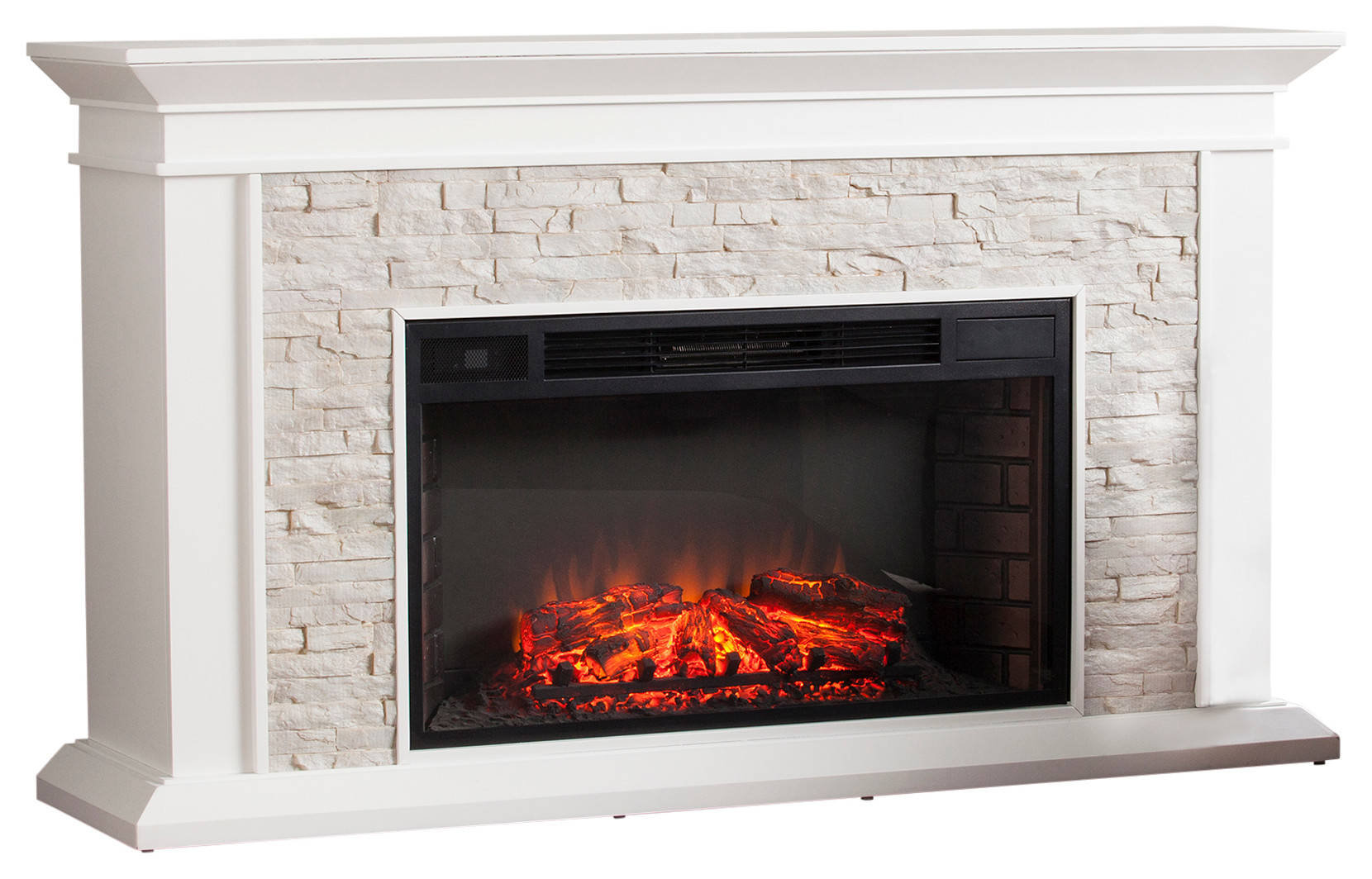 Springfield Faux Stacked Stone Electric Fireplace, White - Transitional ...