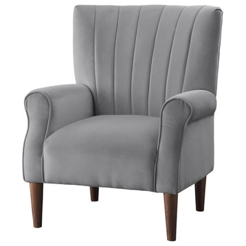 Transitional Armchair, Velvet Seat With Rolled Arms and Channel Back, Dark Gray