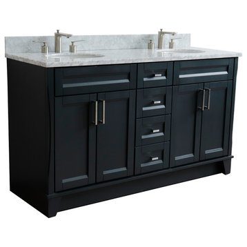 61" Double Sink Vanity, Dark Gray Finish And White Carrara Marble