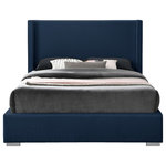 Meridian Furniture - Royce Linen Upholstered Bed, Navy, King - Make a big impression in the bedroom with this king-size Royce linen textured bed. A wingback headboard is the star of the show here, with its extra height adding an element of drama to this exceptionally crafted bed. The headboard, sides and footboard of this Royce bed are covered in rich navy linen textured fabric for a sleek yet chic touch. The bed comes with both gold and chrome legs to suit your style preferences.