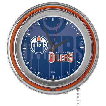 NHL Chrome Double Rung Neon Clock, Watermark, Edmonton Oilers